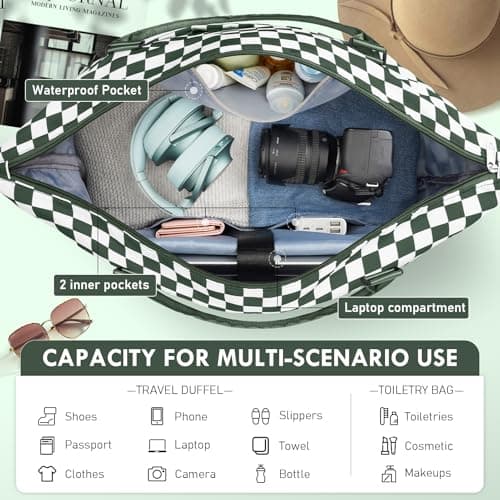 WOOMADA Weekender Overnight Bag for Women, Shoulder Travel Duffel with Shoes Compartment,Gym Bag with Toiletry Bag Large Size(Army Green Checkerboard) - Thumbnail 4