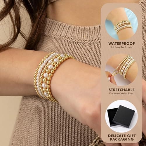 Yoosteel Gold Beaded Bracelets Set for Women, 14K Gold Plated Dainty Round Bead Ball Pearl Bracelet for Women Simplicity Stackable Jewelry Gifts（6 PCS） - Thumbnail 5