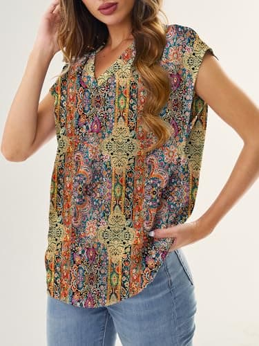 GKBK Women Tops Cap Sleeve Textured Dressy Casual V Neck Shirts 2026 Summer Business Work Blouses Outfits Vintage Boho S - Thumbnail 6