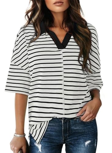 Dokotoo Summer Tops for Women 2026 Cute Crop Tops White Black Striped Oversized Tshirts Short Sleeve Shirts Womens Blouses Dressy Casual Fashion 2026 Summer Trendy Outfits Tee Clothes Clothing XL - Image 1
