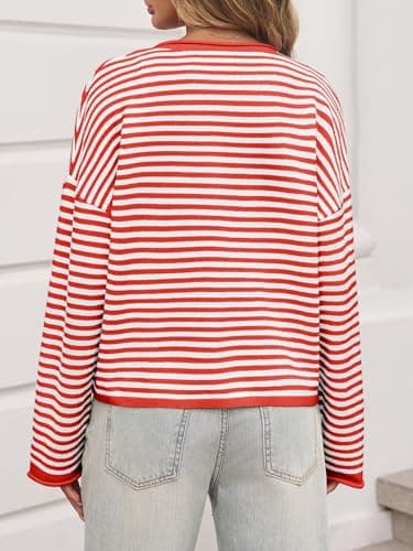 Saodimallsu Womens Striped Cardigan Casual Long Sleeve Open Front Button Down Loose Knit Lightweight Fall Sweaters Red - Thumbnail 3