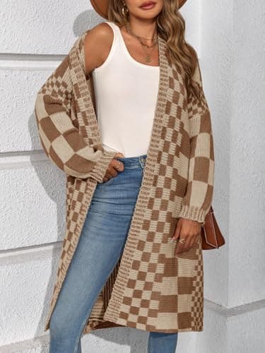 Saodimallsu Womens Checkered Long Cardigans Chunky Oversized Open Front Batwing Sleeve Color Block Knit Sweater Coats Dark Khaki - Thumbnail 3