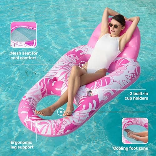 SLOOSH Pool Lounge Float Adult, Inflatable Pool Floats Lounger Raft Floaties Water Floating Recliner Chair with Cup Holders Foot Rest Swimming Floaty, Pink - Thumbnail 4