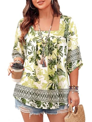Womens Plus Size Tops 2026 Spring Square Neck Half Sleeve Cotton Linen Blouses Bohemian Shirts Peasant Tunic Vintage Vacation Resort Hawaiian Travel Beach Clothes Garden Sage Green Lotus Shirts - Image 1