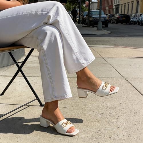 Athlefit Heeled Sandals for Women Mules Square Open Toe Chunky Block Heels Summer White Slip On Dress Shoes for Party Wedding Size 6.5 - Thumbnail 3