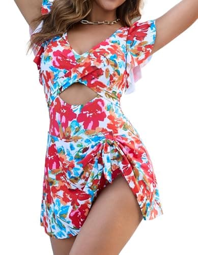 MFAVIP Women One Piece Swim Dress Tummy Control Swimsuits V Neck Ruffle Bathing Suit Cutout Sexy Wrap Side Tie with Skirt - Image 1