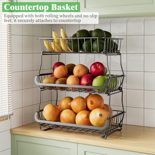 MJIMKE 3-Tier Rolling Cart with Wheels - Stackable Wire Baskets for Pantry Organization and Kitchen Storage, Floor & Countertop Fruit Organizers Vegetable Rack for Coffee Snack Onion Potato, Metal - Thumbnail 5