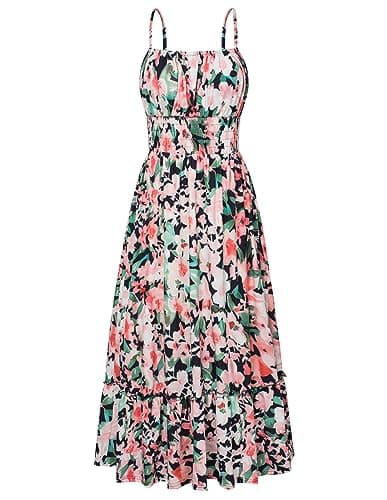 GRACE KARIN Summer Dresses for Women 2026 Vacation,Smocked Floral Maxi Dresses,Boho Beach Long Sundress GreenBlack Floral XXL - Image 1