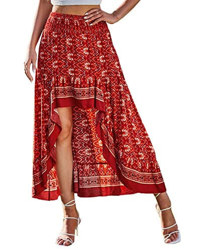 BTFBM Women 2026 Spring Summer Long Skirts Dress Boho Floral Elastic Waist Split Ruffle High Low Beach Maxi Skirt Clothes(X - Floral Red, Small) - Image 1