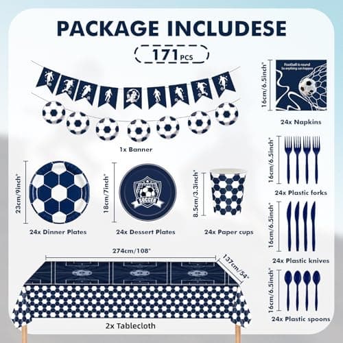 Soccer Plates and Napkins, 171-Count Disposable Soccer Party Supplies Kit with Cups, Cutlery, Banner, Tablecloth | Blue Soccer Theme Birthday Party Decorations, Serves 24 - Thumbnail 2