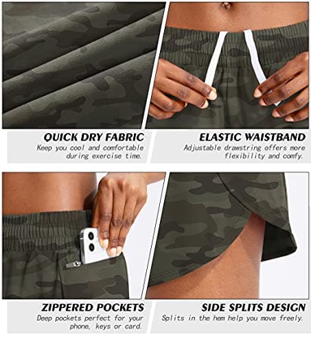 Soothfeel Womens Running Shorts with Zipper Pockets High Waisted Athletic Gym Workout Shorts for Women with Liner (Green Camo, XX-Large) - Thumbnail 4