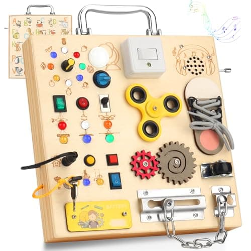 Wooden Busy Board with LED Light Montessori Baby Learning Toys for Toddlers , Sensory Activity Board, Travel Educational Toys, Boy & Girl Birthday Gift (Silver Handle)