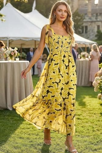 Lesuxa Women's Summer Maxi Dress Casual Boho Spaghetti Strap Suspenders Square Neck Smocked Beach Sundresses (US, Alpha, X-Large, Regular, Regular, Yellow Flower) - Thumbnail 2