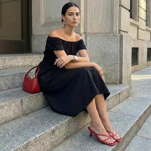 Athlefit Kitten Heels for Women Square Open Toe Strappy Flip Flop Heels Sexy Party Dress Shoes Thong Heeled Sandals Red Size 11 - Thumbnail 2