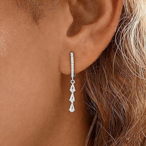 Dangle Earrings for Women Silver Diamond Hoop Earrings Dainty Cubic Zirconia Drop Earring Wedding Jewelry for Brides - Thumbnail 2