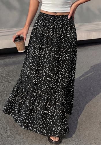 BTFBM Womens Boho Maxi Skirt 2026 Summer Floral High Waisted Flowy Tiered Long Spring Beach Vacation Skirts Pockets(Black, Small) - Thumbnail 5