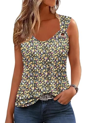 ONLYSTORY Women Tank Tops Loose Fit Dressy Casual Summer Cute Sleeveless Shirts Floral Black Yellow L - Image 1