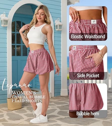 Lepunuo Boxer Shorts for Women Gingham Pajama Summer Casual Bubble Plaid Shorts Y2K Vacation Beach Bottoms - Thumbnail 4