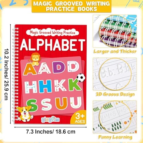 8 Pieces Magic Grooved Writing Practice Books Disappearing Ink Pens Reusable Groove Workbooks Tracing Handwriting Practice Without Tears for Kids Kindergarten Preschool Supplies,10.2 x 7.3inch - Thumbnail 5