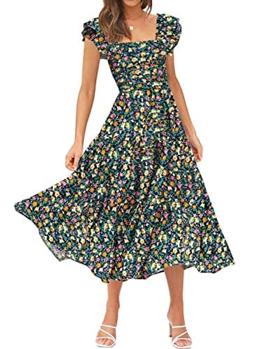 DOROSE Women's Floral Dresses Square Neck Tie Back Cutout Beach Flowy Bohemian Long Maxi Dress Navy M - Image 1