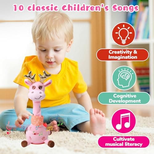 MIAODAM Dancing Talking Giraffe Stuffed Animal, Singing 10 Children's Song, Baby Toy Repeats What You Say, Christmas Colorful Glowing Giraffe Plush Interactive Toys for Toddlers 1-3 Year(Pink) - Thumbnail 3
