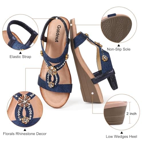 Goldnut Navy Blue Wedge Sandals for Women Dressy, Woman's Sandal Comfortable Navy Blue Low Wedges Heels Ankle Elastic Strap Sandles with Flower Rhinestones Size 9 - Thumbnail 4