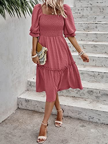 PRETTYGARDEN Women's Summer Casual Midi Dresses 2025 Spring Puff Sleeve Square Neck A-line Flowy Boho Smocked Beah Vacation Dress (Pink,L) - Thumbnail 3