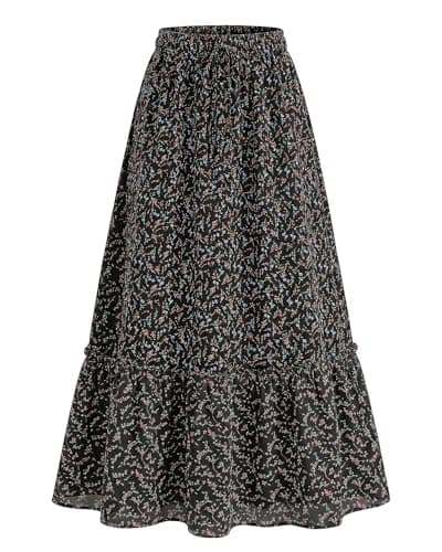 BTFBM Womens Boho Maxi Skirt 2026 Summer Floral High Waisted Flowy Tiered Long Spring Beach Vacation Skirts Pockets(Floral Black Red, X-Large) - Image 1