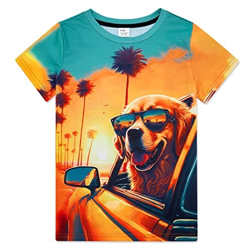 Funnycokid Boys Shirts Size 8 10 Dog Girls T-Shirts Kids Clothes Tops Tees Yellow Graphic Black Animal Print Short Sleeve Cool 8-10 Years - Image 1