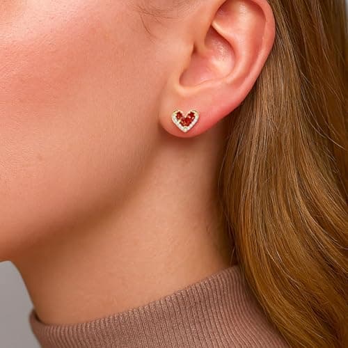 Helirose Heart Stud Earrings for Women, S925 Sterling Silver Posts 14K Gold Plated, Hypoallergenic Jewelry, Gift Box & Message Card, Perfect Valentine's Day Gift for Her (Red-Gold) - Thumbnail 2