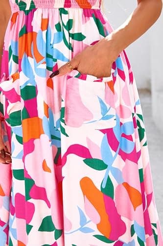 PRETTYGARDEN Womens Summer Dresses 2026 Casual Spaghetti Strap Ruffle Smocked Flowy Floral Spring Maxi Dress with Pocket(Apricot Rose Red Flower,XX-Large) - Thumbnail 6