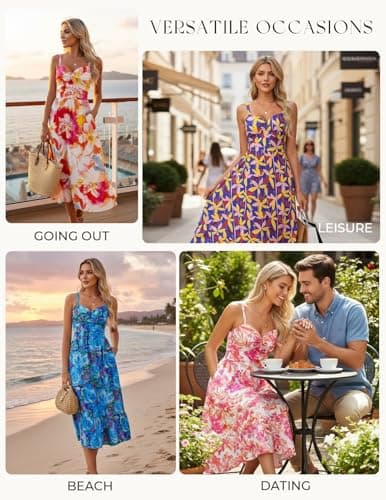 GRACE KARIN Womens Summer Casual Dress Floral Spaghetti Strap Midi Dresses Beach Vacation Sundresses Floral White Pink M - Thumbnail 6