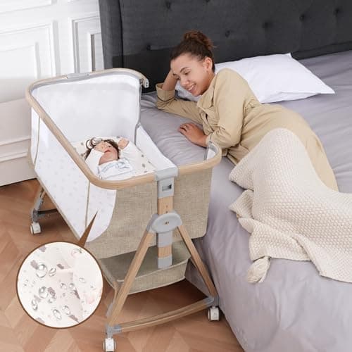 Jestonten Baby Bassinet, Bassinet Bedside Sleeper with Waterproof Bassinet Sheets and Soft Mattress, Safe Adjustable Height Bedside Bassinets with Wheels, Girl/Boy Bassinets, Khaki - Image 1