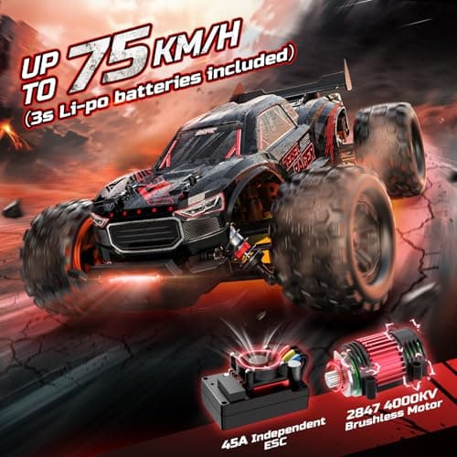 DEERC Fast RC Car for Adults, 1/14 Brushless Remote Control Car/Truck, 46+ MPH High Speed 4WD Off Road Waterproof All-Terrain, 2×3S LiPo Batteries - Thumbnail 3