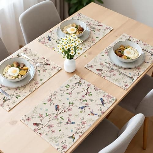 Cusugbaso Spring Placemats Set of 4 12x18 inch for Dinning Table - Floral Bird Branch Spring Decor for Party, Dinner - Farmhouse Seaosonal Table Mats Floral Decroations for Home - Thumbnail 4