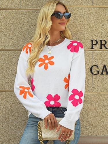 Libsorge Womens Oversized Cute Flower Sweater Valentine Day 2026 Trendy Vintage Floral Knit Crewneck Pullover Tops White M - Thumbnail 6