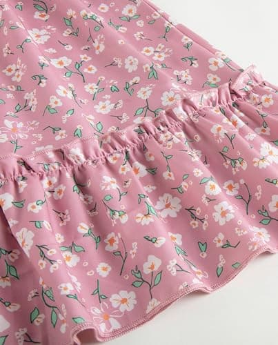 FREELYVE Girls Summer Floral Smocked Dress Square Neck Puff Sleeve Ruffle School Party Teen Sundress,Pink,12-13Y - Thumbnail 6