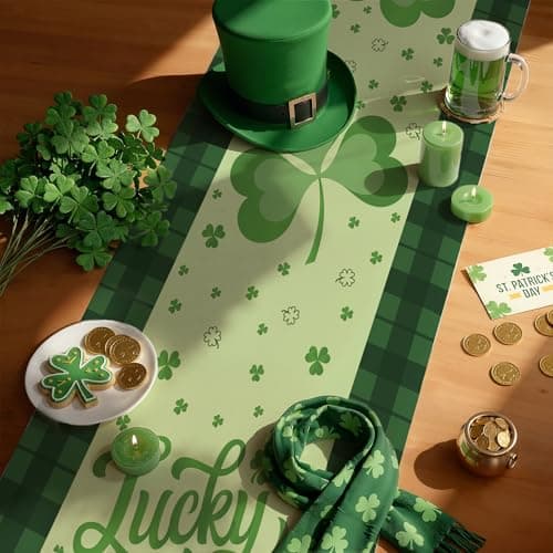 St Patricks Day Decorations - Shamrock Table Runner | St Patrick's Day Party Favors Supplies Decor Indoor Outdoor - Spring Saint Patricks Table Cloth Banner for Home Kitchen Dining Table Decorations - Thumbnail 4