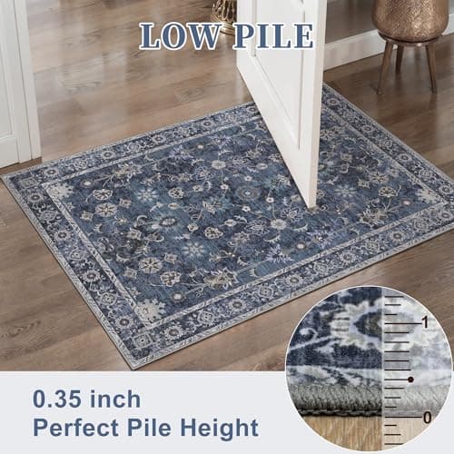 Tangsoo Small Rug 2x3 Throw Rugs for Entryway Washable Entry Rug Non Slip, Vintage Blue Floral Indoor Rugs Distressed Small Carpet Soft Low Pile Boho Door Mat for Entrance Bedroom Kitchen Foyer Decor - Thumbnail 3