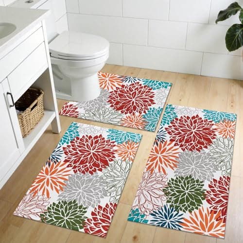 Vaukki Bathroom Rug Set 3 Piece, Non Slip Absorbent Rubber Backed Floral Bath Floor Mat Fit Under Door, Ultra Thin Quick Drying Bath Rug for Shower, Tub and Toilet, 17"x26"+17"x32"+17"x24"U, Red - Image 1