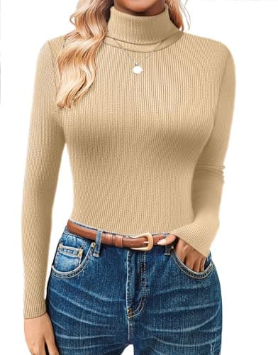 GKBK Womens Turtleneck Long Sleeve Tops Ribbed Basic Tshirts Thermal Underwear Warm Lightweight Fall Sweaters 2025 Fashion Outfits Winter Clothes Khaki - Image 1