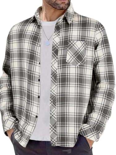 BAYAMO Men's Flannel Button Down Shirt Casual Plaid Long Sleeve Fall Jacket Lightweight Soft Tops with Pockets White L - Image 1