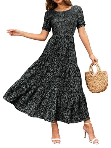 BTFBM Women Casual Short Sleeve Crew Neck Summer Dress Bohemian Floral Printed Flowy Maxi Dresses Tiered Cocktail Dress (Black, XX-Large) - Image 1
