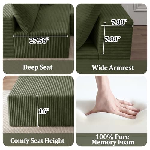92.5" Modular Sectional Sofa, L-Shape Cloud Couch with Deep Seats & Chaise, 4-in-1 Covertible Corduroy Boneless Couches for Living Room, Bedroom, No Need Assembly - Green - Thumbnail 5