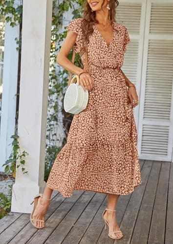 PRETTYGARDEN Women's Summer Floral Boho Dress Wrap V Neck Short Sleeve Ruffle A-Line Flowy Maxi Wedding Guest Dresses (Coffee,Small) - Thumbnail 5