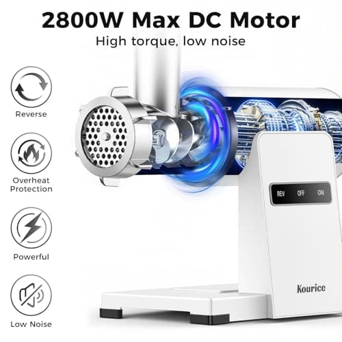 Kourice White Electric Meat Grinder – 4 Lbs/Min High-Speed Meat Mincer & Sausage Stuffer for Home Kitchen, Auto-Reverse, 2 Blades, 3 Grinding Plates & Kubbe Kit - Thumbnail 2