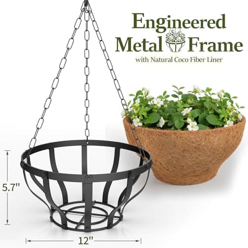 VOXOR Metal Hanging Baskets for Plants, Heavy Duty Wrought Iron Hanging Baskets with Coco Liner & Reinforced Chain, Ideal for Garden, Patio & Porch Decoration (2 Pack, 12 Inch) - Thumbnail 2