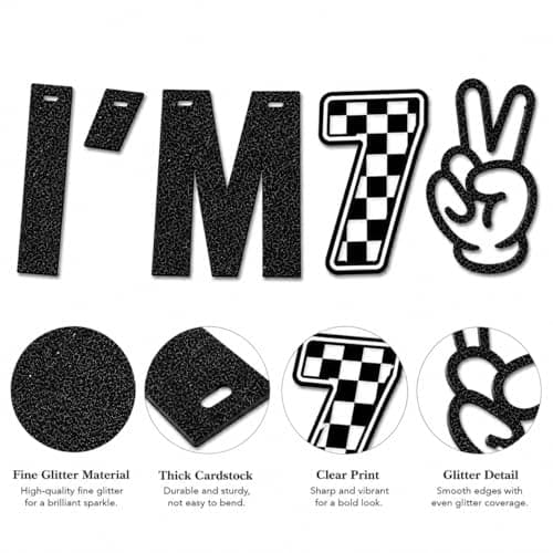 Black Glitter I Was 6 Now I'm 7 Birthday Banner, Two Fast Checkered Racing Theme 7th Birthday Party Decorations for Boys Girls, 6 to 7 Years Old Birthday Sign Garland Supplies - Thumbnail 5