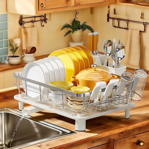 MOUKABAL Dish Drying Rack, Dish Rack, Stainless Steel Dish Racks for Kitchen Counter, Dish Drainer with Removable Utensil Holder, Drainboard (White,Stainless Steel,13''W x 17''L)