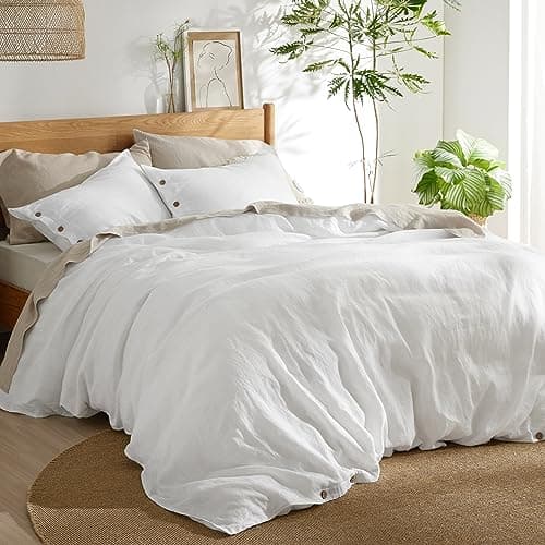 Bedsure Linen Duvet Cover King Size - Linen Cotton Blend Bedding Set, Soft & Cozy, 3 Pieces, 1 Duvet Cover 104x90 Inches and 2 Pillowcases, White Color Cooling Bedding, Comforter Sold Separately - Image 1